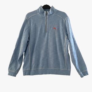 Tommy Bahama Pullover Mens M 1/4 Zip Sweater Sky‎ Blue Solid Embroidered Cotton